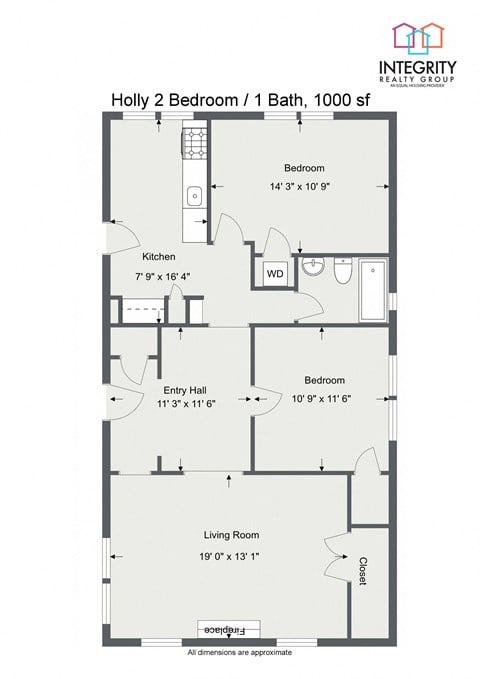 Floor plan for 2 beds, 1 bath, 1000 sqft